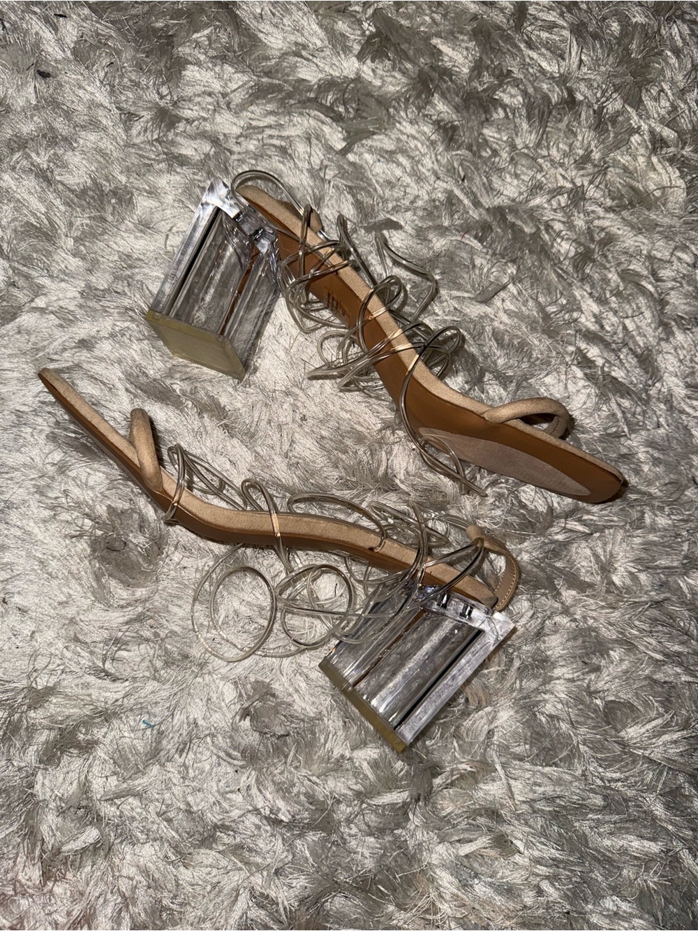 Clear Strappy Block Heel Sandals in Nude